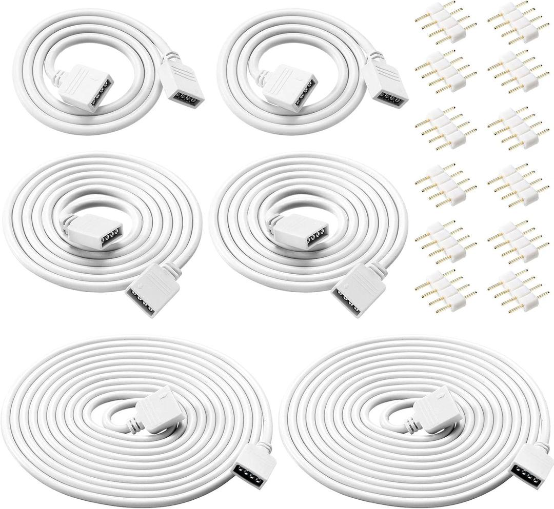 Honoson 6 Pieces 4 Pin RGB Extension Cable LED Strip Connector Cord Wire Cables Kit with 12 Pieces Pin Connector for 5050 3528 RGB LED Strip Light(1.6 FT, 3.3 FT, 6.6 FT, White)
