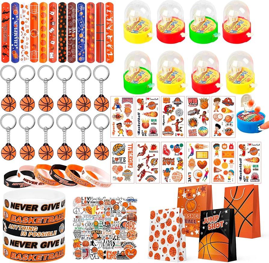 Basketball Birthday Party Favors Bags Fillers, 122pcs Basketball Party Keychain Gift Bags Bracelets Stickers etc Basketball Goodie Bags Stuffers for Basketball Birthday Party Decorations Supplies