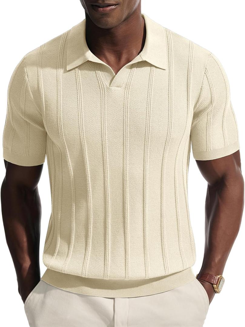PJ PAUL JONES Mens Knit Polo Shirts V Neck Short Sleeve Casual Stylish Golf Shirt, M