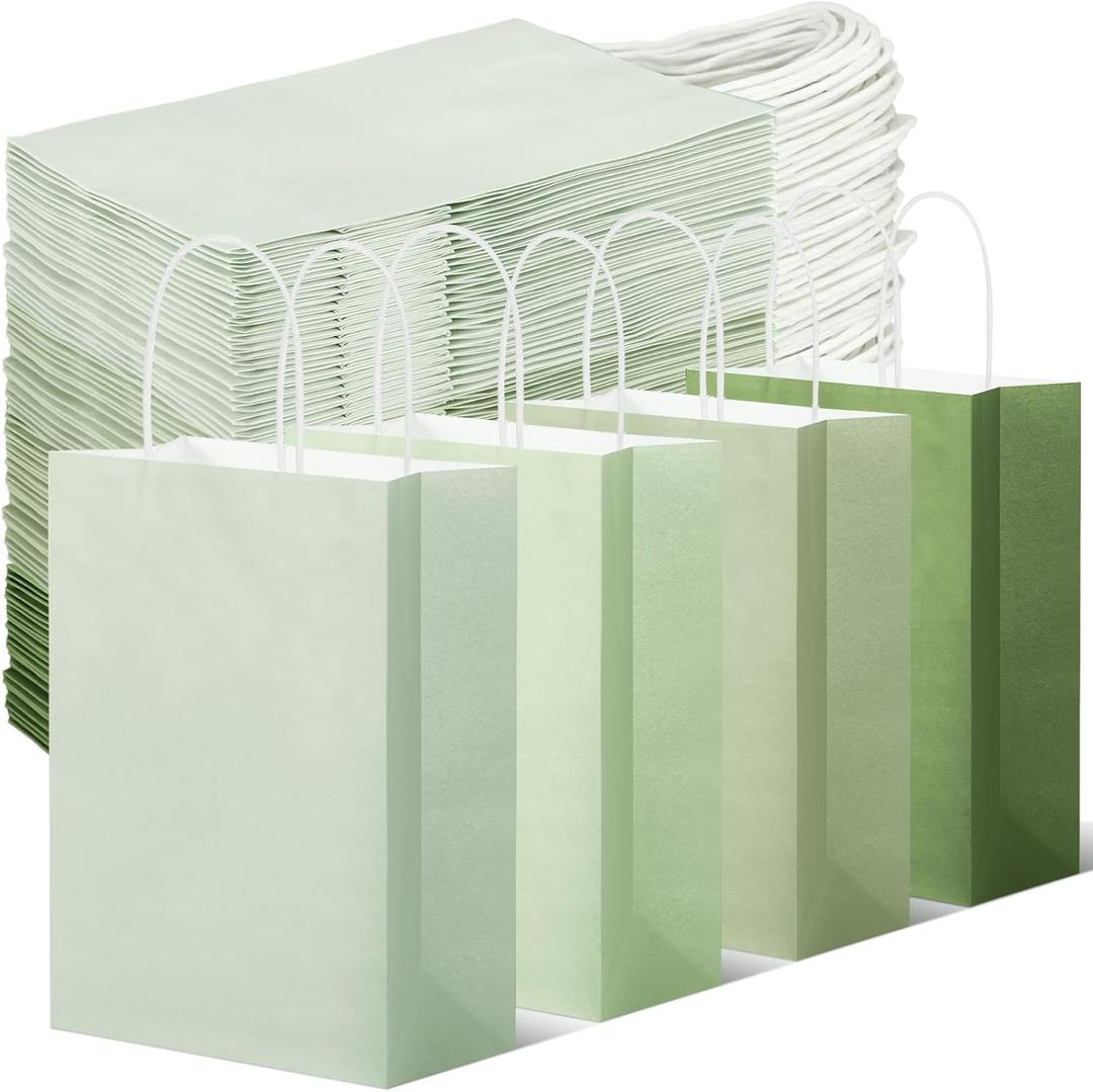 Tenceur 100 Pcs Sage Green Gift Bags Sage Green Kraft Paper Bags with Handles Medium Gift for Wedding Baby Shower Bridal Shower Shopping Party Favor Boutique Business
