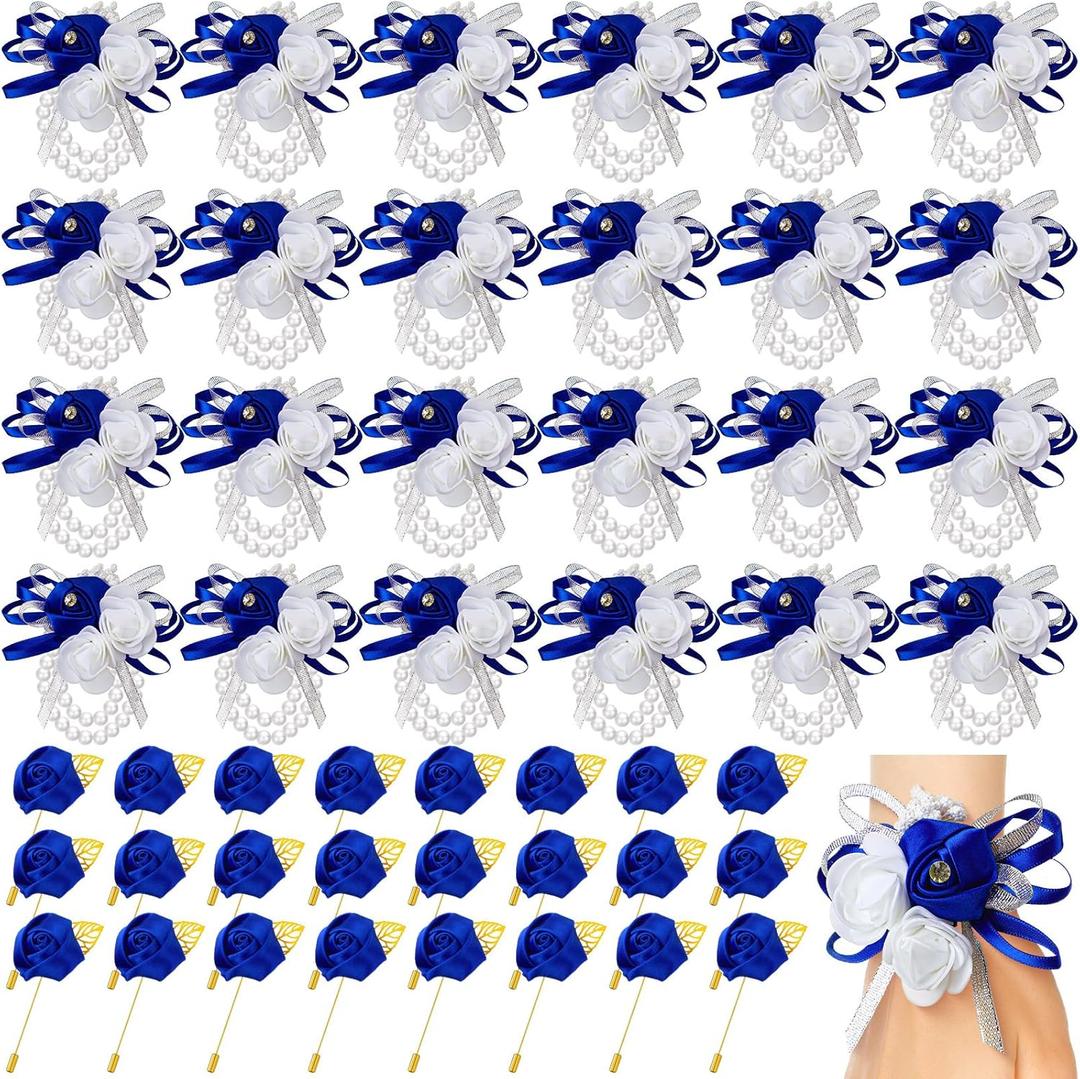 Tigeen 48 Pcs Wrist Corsage and Men's Boutonniere Set for Wedding Wristlet Corsage Hand Flower for Mother of Bride, Bridal, Bridesmaid Suit Decorations (Blue)