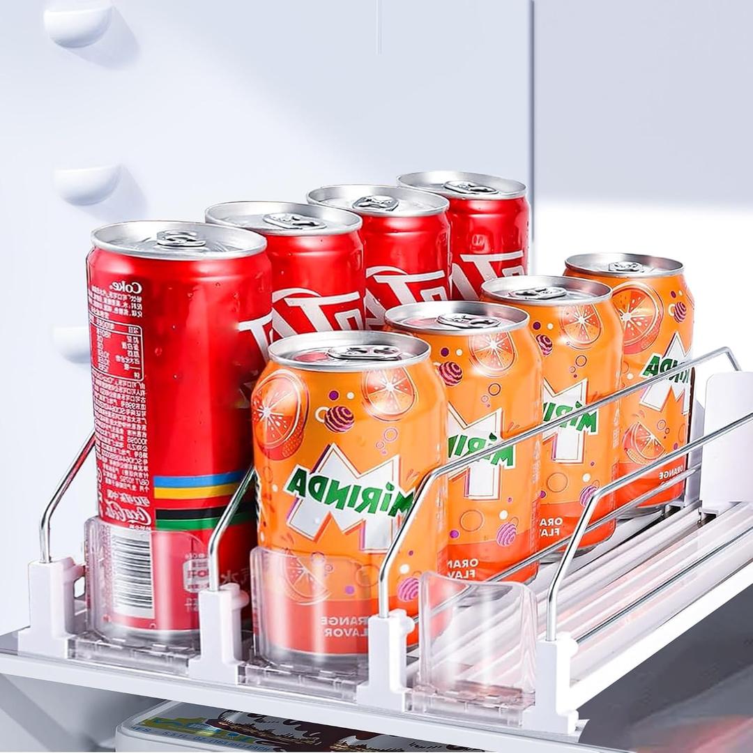 Drink Organizer for Fridge, Soda Can Organizer Dispenser for Refrigerator with Automatic Pusher Glide, Width Adjustable Clear Dividers Can Holder for 15 Cans, 115''D x 8.9''W x 3.1''H, 3 Rows