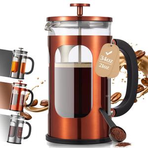 Veken French Press Coffee Maker 34oz (1 L), No Plastic Touching Cafe, Heat Resistant Thickened Borosilicate Glass, Stainless Steel Brewer, Cold Brew Cafetera Teapot for Kitchen Travel Camping, Copper