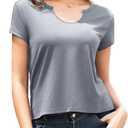DeXianLai Tshirts Shirts for Women Summer Tops 2026 Spring Short Sleeve Crew Neck Beach Vacation Clothes Solid Color Shirt Grey M
