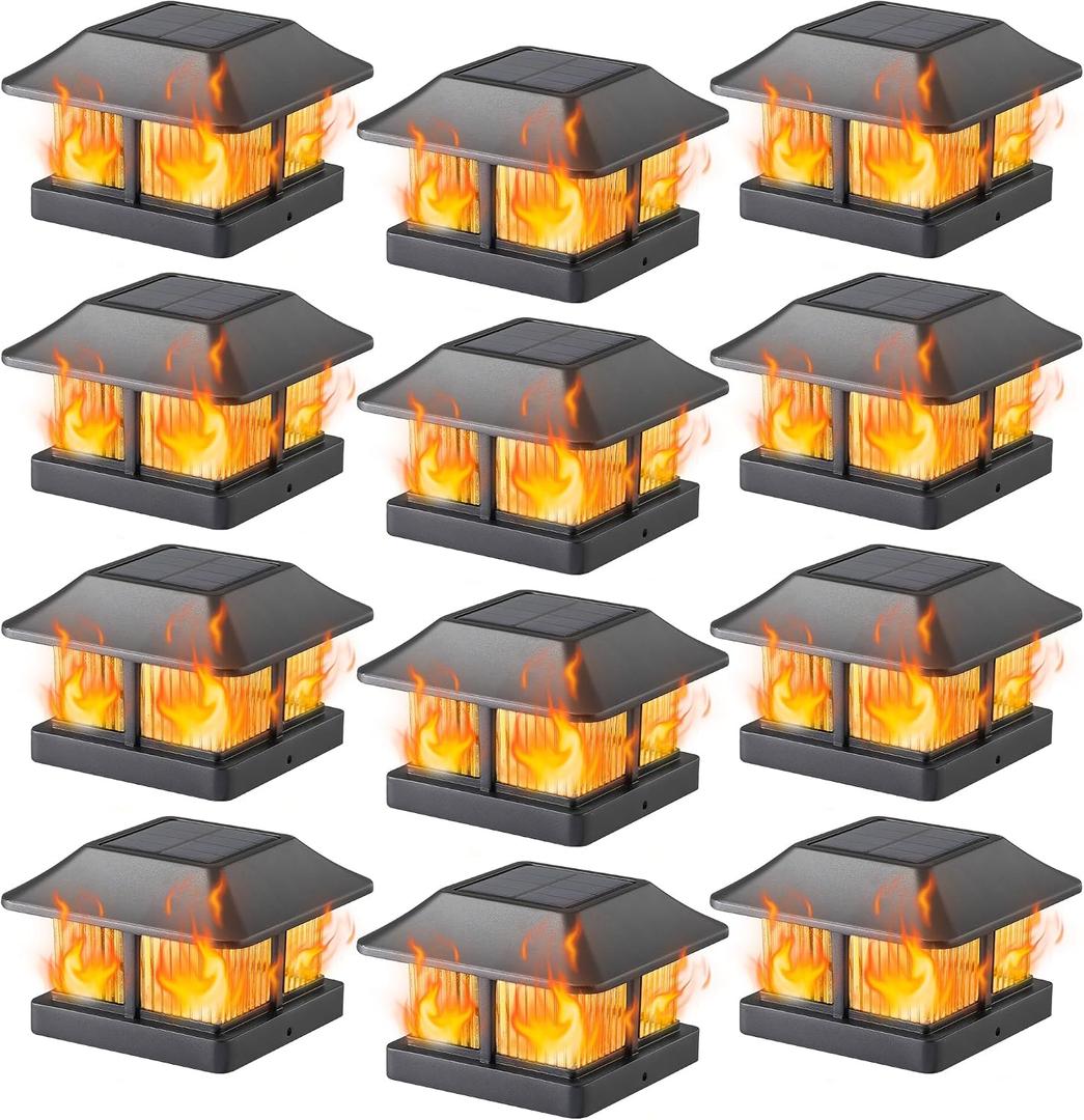 Dynaming 4x4 Solar Flame Post Cap Lights Outdoor, Solar Powered Fence Post Light, Flickering Flame LED Lantern Lamps Waterproof for Garden Deck Patio, Fit Wooden/Vinyl Posts, 12 Pack