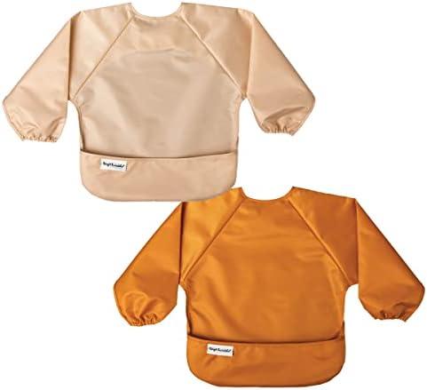 Tiny Twinkle Long Sleeve Bib for Babies & Toddlers | 2-Pack Waterproof Smock Bib for Eating | Machine Washable & Mess-Proof Feeding Essentials | Newborn Shower Gift (Sand Cinnamon, 6–24M)
