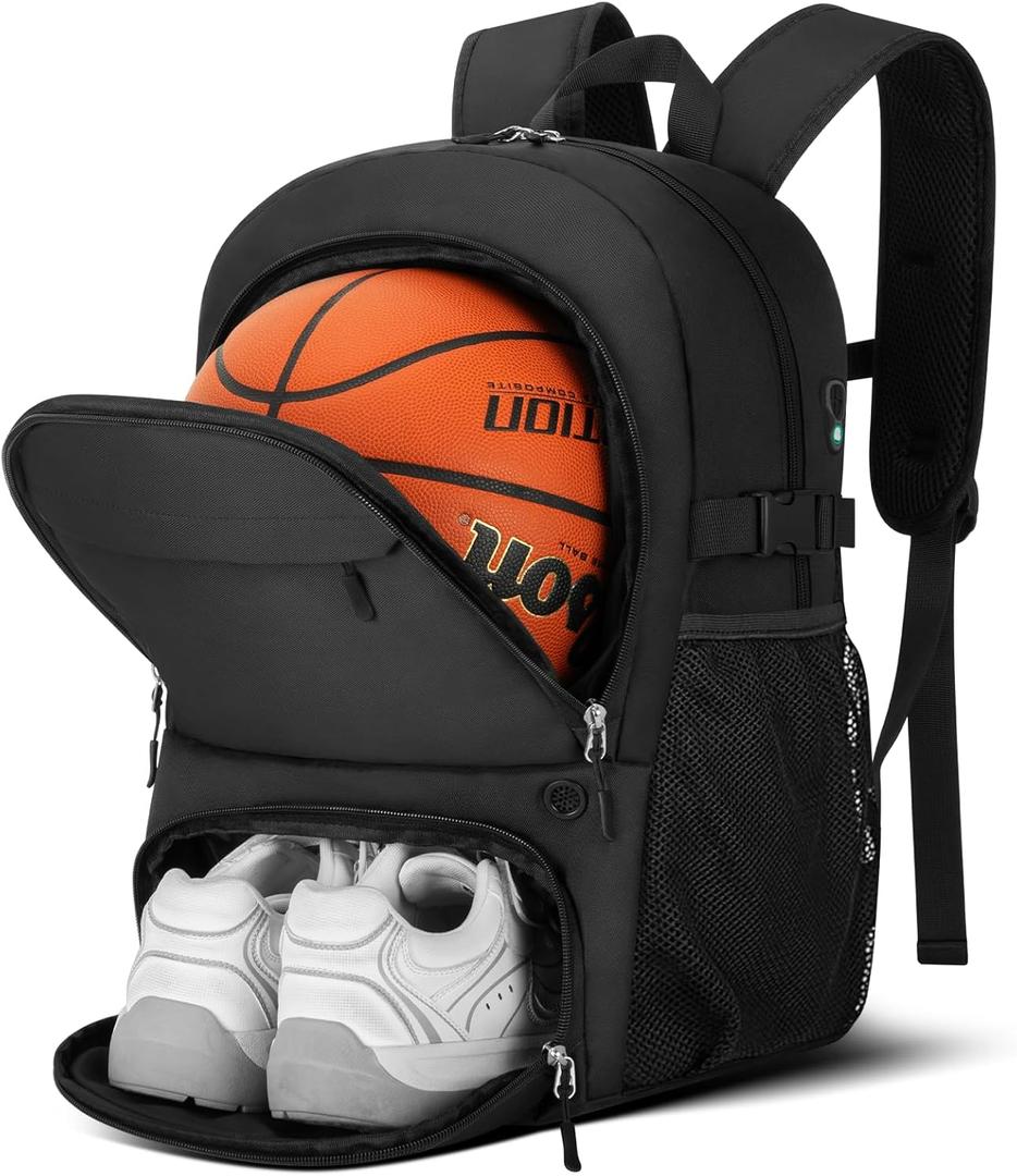 Basketball Backpack - Large Sports Equipment Bag with Ball Holder & Shoe Compartment, Sport Bags for Basketball, Soccer, Volleyball, Gym, School and Travel (Black)