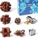 CUDNY 7 Pieces Cool Unlock Interlock Brain Teaser Puzzles Retro Wooden and Metal Puzzles IQ Logic Fun Puzzle Box Challenge Game