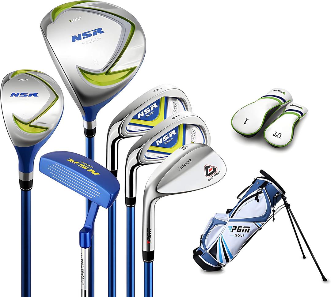 PGM Junior Golf Club, NSR Golf Clubs Complete Set Left Handed for Children Kids, 6 Pieces Youth Golf Clubs with Stand Bag and 2 Headcovers for Boys & Girls, Aged 9-12, Driver, Hybrid Wood, 7 iron, 9 iron, Sand Wedge and Putter