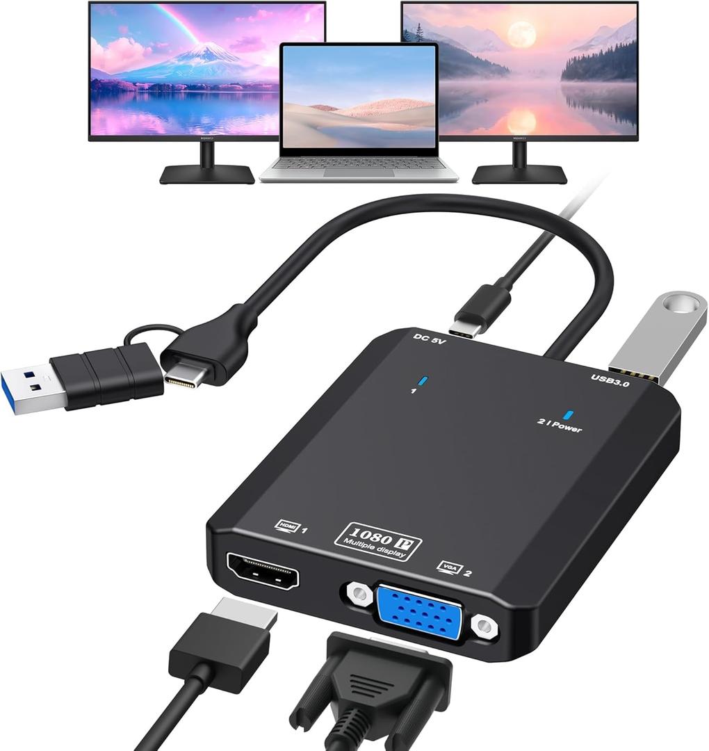 HDMI Splitter Extended Display for Dual Monitor, 1080p@60Hz USB A or USB-C to HDMI Vga Adapter for Extended Display of Laptop Monitor Desktop TV, Mac OS Windows Android