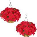 BLEUM CADE Artificial Christmas Flowers Hanging Poinsettias with Basket for Outdoors, Artificial Hanging Red Poinsettias for Xmas Decoration, UV Resistant Faux Flowers Christmas Decorations (Count of 2)