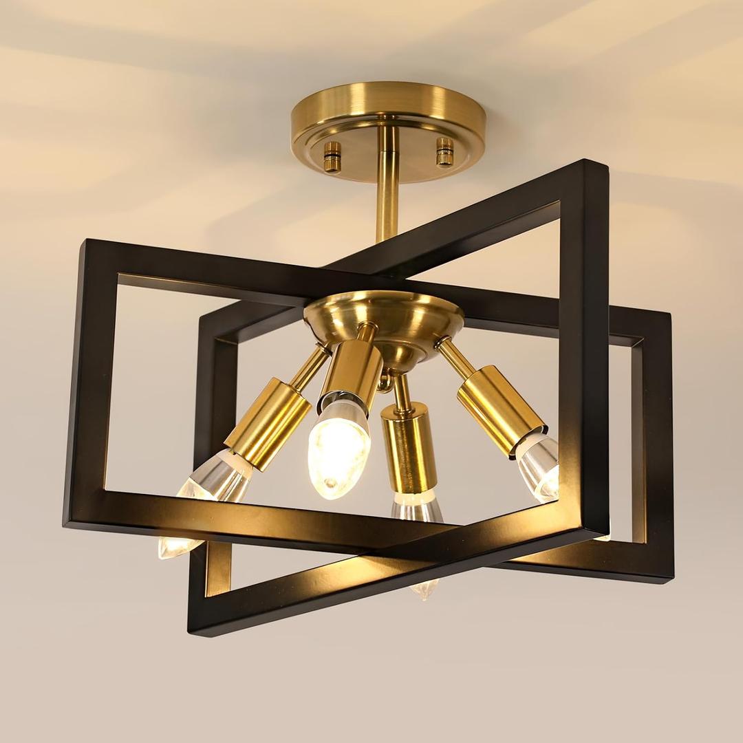 DELIPOP 4-Light Flush Mount Ceiling Light, Farmhouse Gold Square Metal Frame Light Fixtures Ceiling Chandelier for Kitchen, Dining Room, Entryway, Hallway, Island