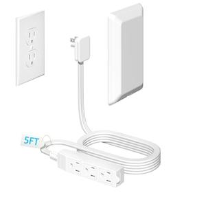 H HUNLEE 5FT Flat Extension Cord Ultra Thin Outlet Concealer with Cord Concealer Kit,Flat Outlet Extender with 3 Outlet Power Strip,Universal Size Flat Plug Power Strip for Home,ETL Listed,White