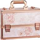 Joligrace Makeup Train Case Professional Cosmetic Organizer Aluminum Storage Box with 4 Adjustable Dividers Trays Lockable Portable with Shoulder Strap (Marble Flower)