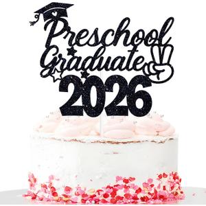 Preschool Graduate 2026 Cake Topper, Pre-K Grad Cake Decor, Kinder Graduate, Kindergarten Graduation Party Decorations, Black Glitter