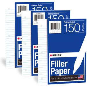 Kaisa Loose Leaf Paper Filler Paper 8x10.5 inches, College Ruled, 3-Hole Punched for 3-Ring Binder, 150 Sheets/Pack (3 Pack) F15001C