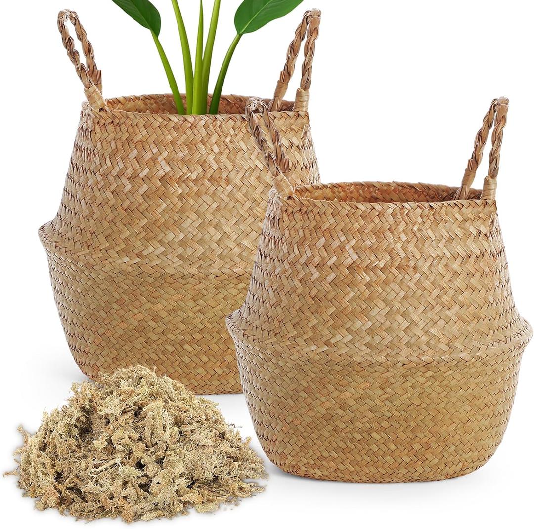 Knitgrip Large Wicker Plant Basket with Handle 10 Inch Woven Seagrass Belly Basket and Artificial Moss for House Plants Picnic Grocery Laundry Storage Home Decor(Large,Original,2 Pack)