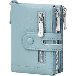 Small Women's Wallet Bifold Card Holder with 2 Zipper Coin Pockets Chain Wallet for Women Soft Leather (A04 Light Blue)