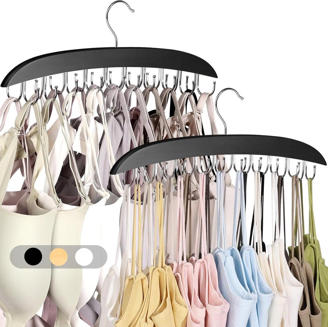 NANATI 2 Pack Bra Hangers for Closet Organizer, Wooden Tank Top Hanger, Bra Organizer with 40 Stainless Steel Hooks, Closet Organizers and Storage for Bras Camis Belts Ties, Black