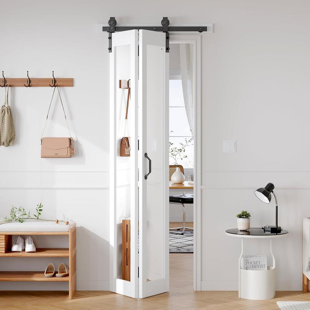 FREDBECK Bifold Barn Door 28x84 (Double 14x84) with 1 Lites Mirror,Bi-fold Closet Doors Hardware Kit Included,32" Track for 2 Doors, PVC, White,for Living Room, Bathrooms, Kicthen