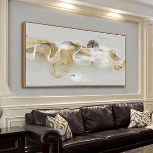 HUADAOART Wall Art Modern Zen Light Luxury Natural Landscape with Golden and White lines Background Wall Decor Canvas Prints for Living Room Bedroom 24x48 Inches (Framed)