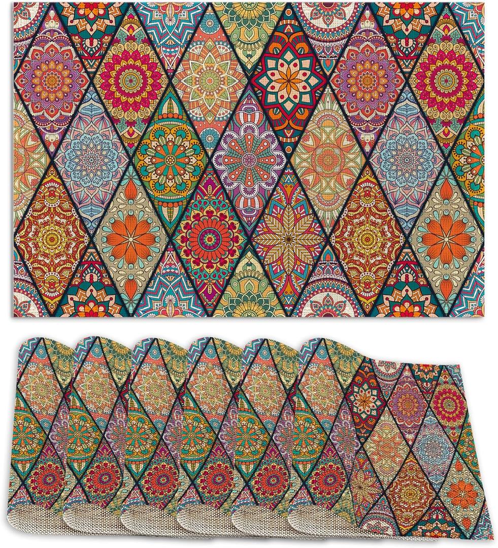 Set of 6 Washable Colorful Bohemian Placemats Non-Slip Heat-Resistant 12x18 Inch Thick DecorativeLinen Table Mats for Dining Table Home Dcor