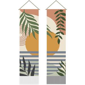 AHANDMAKER Pack of 2 Sunset Landscape Tapestry, Boho Leaves Modern Plant Vertical Long Aesthetic Tapestry, Doorway Curtain Tassel Wall Hanging for Bedroom Living Room, 13 x 51 Inch