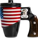 Revolver Mug with Lid, Novelty Ceramic Coffee & Tea Cup with Spin Wheel Handle, 3D Pistol Gag Gift Mugs, Ideal Military Gifts for Men, Coworker 16 oz (Black & Flag)