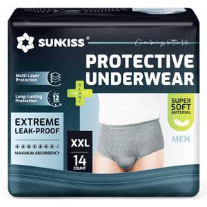 SUNKISS Super Soft Incontinence Underwear for Men, Daytime Disposable Adult Pull Ups, Mens Protective Diapers with Maximum Absorbency, XXLarge, Grey, 14 Count