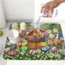 Easter Bunnies Eggs Dish Drying Mat for Kitchen Counter,Spring Colorful Flowers Drying Mat 16 x 18 Inch with High Absorbent Microfiber Drainer Mat for Coffee Bar