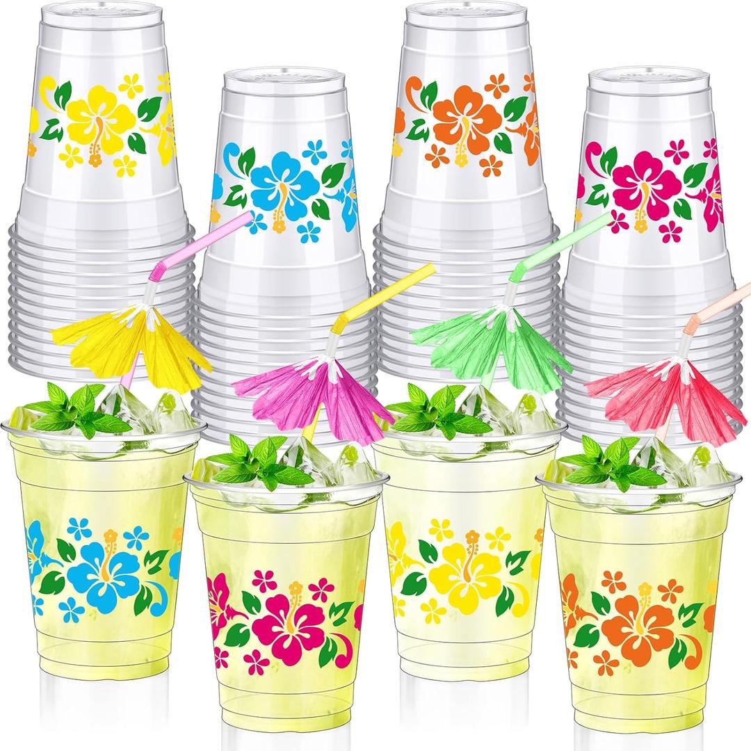 48 Set 12 oz Hawaiian Plastic Cups with Umbrella Straws Hibiscus Disposable Drinking Cups for Beach Hawaiian Luau Party Supplies Drinkware Decorations