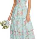 Scarlet Darkness Milkmaid Corset Dress for Women Summer Wedding Guest Dresses Cocktail Floral Sundress with Pockets (6, Blue Pink Floral)