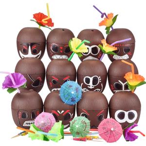 NINU 12 Pack Coconut Cups with 12 Straws 12 Cocktail Drink Picks and 12 stickers, DIY Tropical Hawaiian Luau Tiki and Beach Party Decorations for Kids and Adults