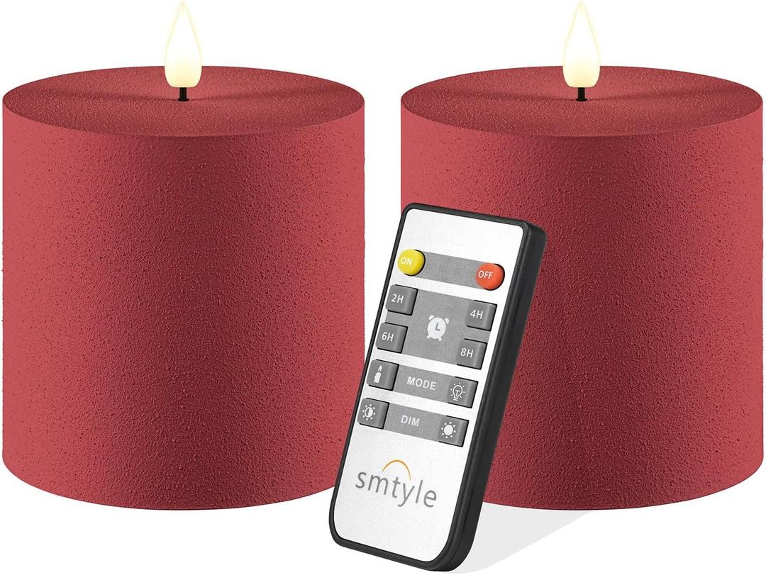 smtyle 4x4 Red Candles Pillar Plastic Flameless Set of 2 Flickering LED Battery Operated with Timer Electric Candles for Decorations Wedding Party