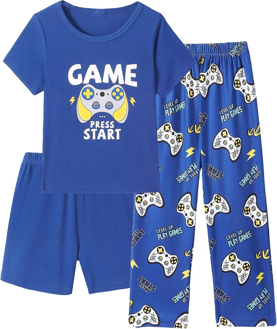 Mikrdoo Boys Pajamas 3 Piece Summer Sleepwear Soft Short Sleeves Shorts Set & Long Pants Cool PJs Size 2-14 Years