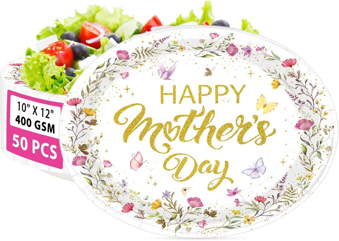 50 Pcs Wildflower Happy Mother's Day Paper Plates 10" X 12" Large Disposable Happy Mothers Day Party Decoration Heavy Duty Floral Butterfly Dessert Plates for Mother's Day Party Supplies