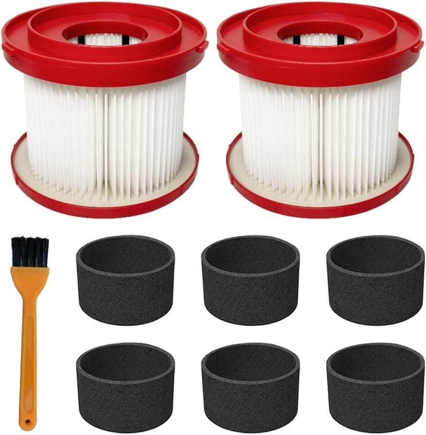 2 Pack 49-90-1900 Replacement HEPA Filter Compatible with Milwaukee Cordless M18 Vacuum 0780-20 0880-20, with 6 Foam Sleeve Filters 1 Brush