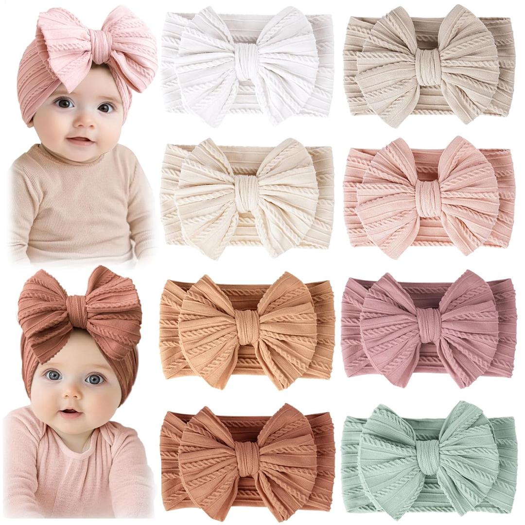 Prohouse 8 Pack Baby Headbands Soft Nylon Hairbands Hair Bows for Newborns Infants Toddlers and Baby Girls Elastic Hairbands for Daily Wear, Photoshoots (Beige)