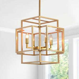 Modern Gold Foyer Lantern Chandelier: 4-Light Farmhouse Rectangle Dining Room Light Fixtures Over Table Industrial Large Pendant Lighting High Ceiling for Entryway Kitchen Island Staircase Hallway