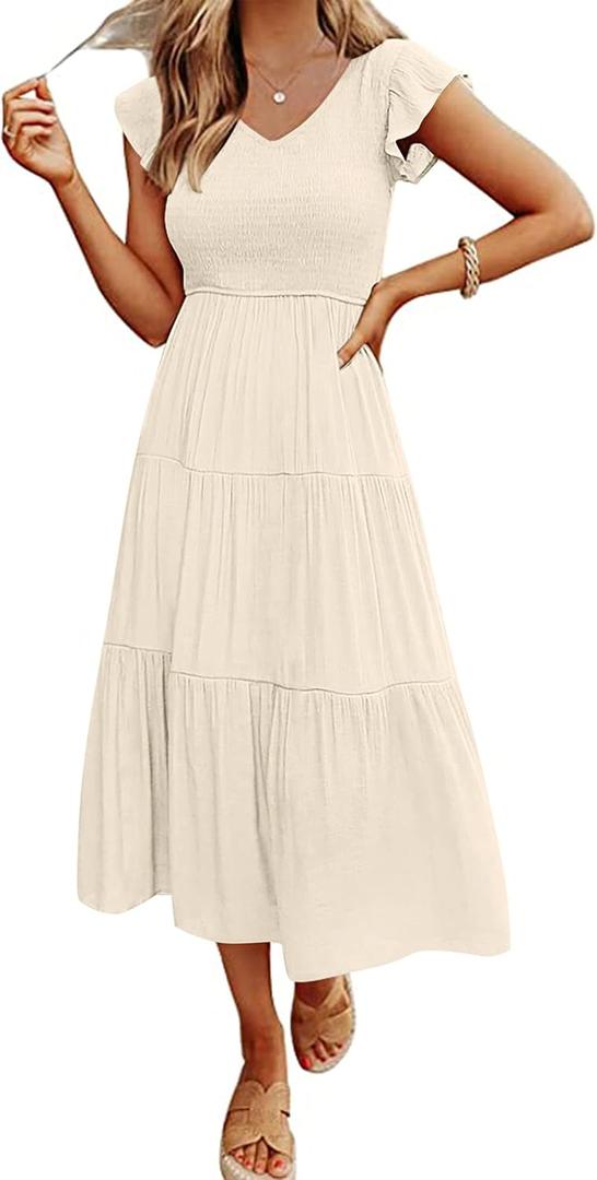MEROKEETY Women's Flutter Sleeve Smocked Midi Dress V Neck Casual Tiered Dresses with Pockets, Beige, S