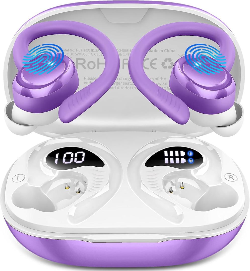 Hupoaf Wireless Earbuds Sport, 2025 Bluetooth 5.4 Headphones with Earhooks, 50H Stereo Deep Bass Over Ear Buds with 4 ENC Noise Canceling Mics, IP7 Waterproof Earphones for Running Workout Gym -Purple