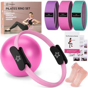 Muuruu Pilates Essentials Kit for Home Women, Ring and Ball Set, Pilates Equipment for Workouts, 3 Resistance Bands, Grip Socks, 14 Inch Magic Circle, Mini Exercise Ball, Great Exercise Equipment (Pink)