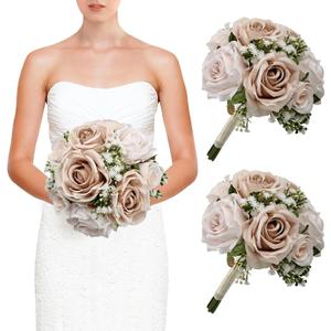 Wedding Bridesmaid Bouquets Set of 2, Artificial Silk Flowers Arrangement for Ceremony Marriage Proposal Party Anniversary Decorations - Nude