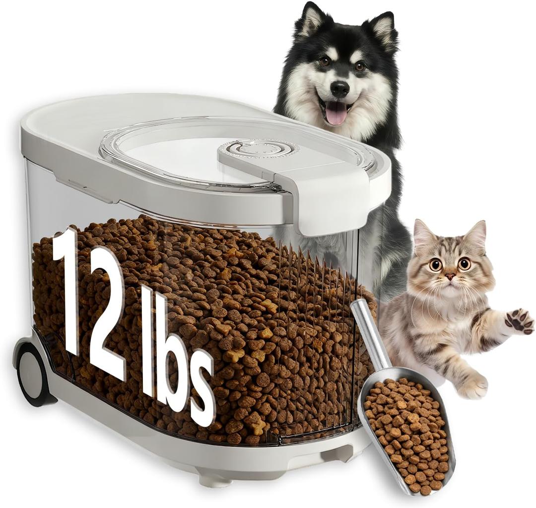 Airtight Dog Food Storage Container with Desiccant Chamber,Cat Food Storage with Timer,Wheels & Scoop,7 Liter,10-12 lbs/7 kg,for Small Dog,Cat & Bird Feed,Clear BPA-Free Slim Rolling Bin with Lid, Large