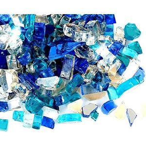 Skyflame 10-Pound Blended Fire Glass for Fire Pit Fireplace Landscaping, 1/2 inch Aqua Blue, Platinum, Cobalt Blue, Reflective