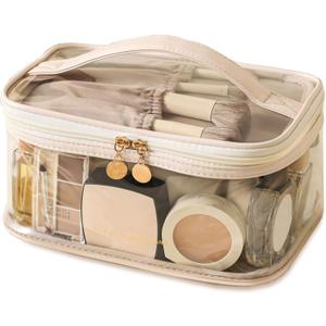 Large Clear Makeup Bag Big Cosmetic Bags Waterproof Toiletry Orangizer with Handle Transparent Toiletries Case Travel Pouch for Women Girls Daily Beauty Purse Essentials Skincare Bag Off White