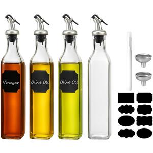 WERTIOO Glass Olive Oil Dispenser Bottle 17 OZ/500ml Oil Dispenser 4Pack | for Kitchen, with 4 Pourer, 1 Stainless Steel Funnel, 1 Pen, 8 Label, for Kitchen