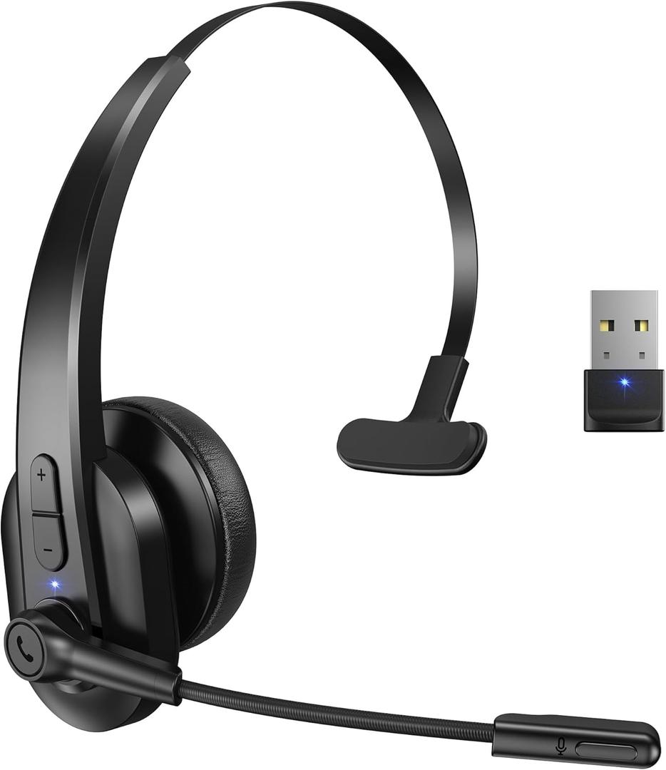 Bluetooth Headset with USB Dongle for Computer, Single-Ear Wireless Headset with Noise Cancelling Microphone for Office & Truckers, Bluetooth V5.2 with Mute Button for Work (Black)