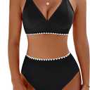 BMJL Women's Bikini Sets V Neck High Waisted Swimsuits Shell Stitched Cheeky Two Piece Bathing Suit (Small, Black039)
