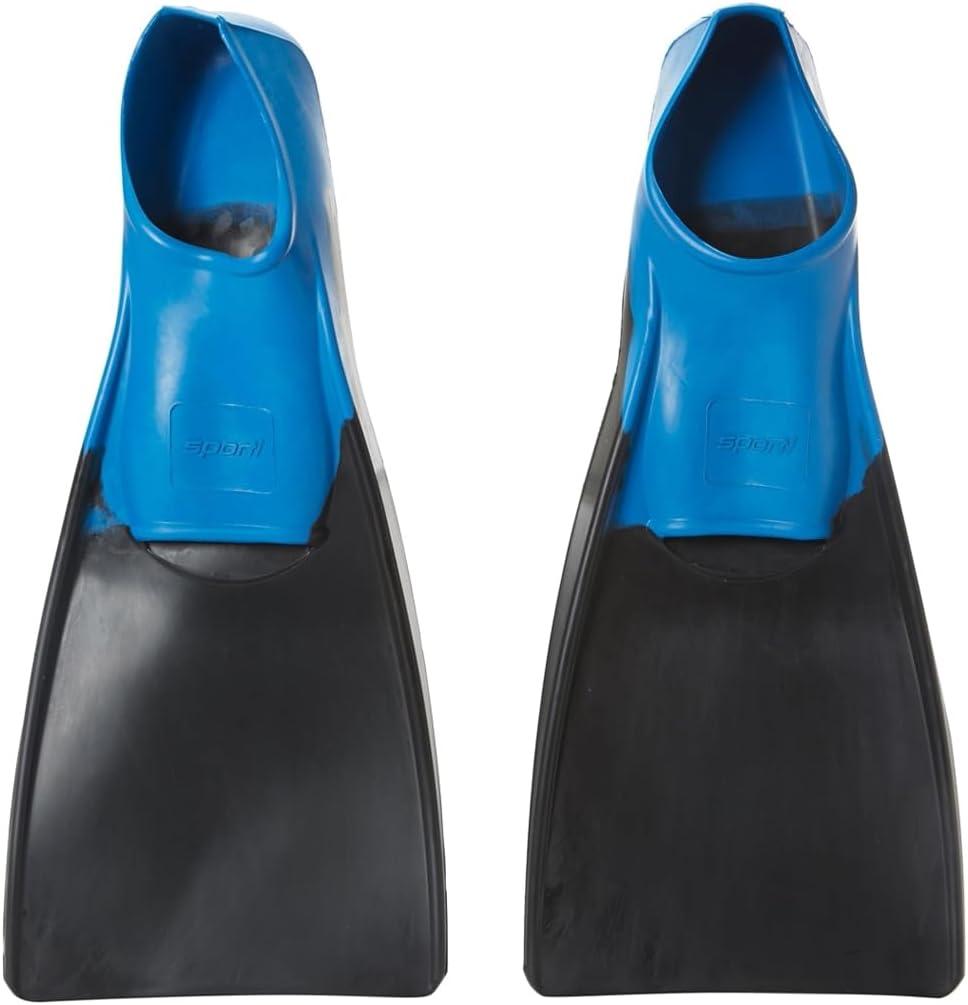 Sporti Adult-Kids Swim Fins for Pool Lap Swimming - Long Floating Fins for Swimming & Snorkeling - Swim Flippers for Training (M 9-10 / W 10-11, Black-Blue)